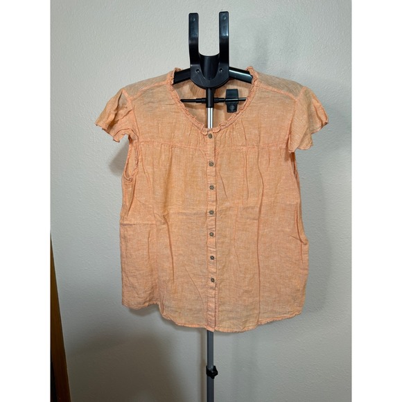 Hester & Orchard Tops - Hester & Orchard Orange Linen Blend Ruffle Neck Button Down Blouse Small